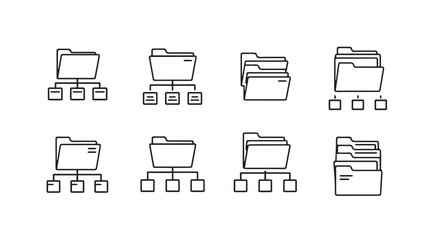 Collection of eight hand drawn folder icons representing file organization and data structures vector