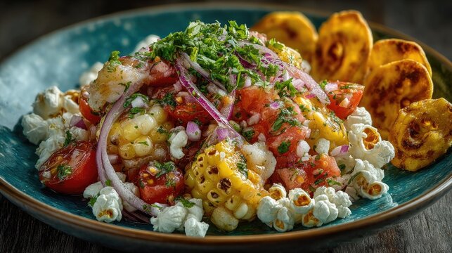 Ecuador dish Ceviche Fresh seafood marinated in lime juice with onions tomatoes and cilantro served with popcorn or plantains