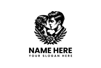 Obraz premium A black and white vector emblem of a vintage-style couple in a romantic embrace, perfect for a classic wedding or love-themed logo design