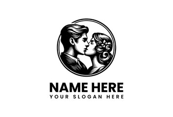 A classic black and white illustration of a romantic couple in an embrace, perfect for a vintage-style logo design. Vector graphic 93