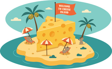 Playful flat vector showing mice relaxing on a tropical cheese island under umbrellas and palm trees. Ideal for creative food art, summer projects, and humorous advertising.