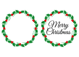 Tiempo de Navidad. Logo con mensaje Merry Christmas con corona navideña circular de ramitas, hojas y bayas de acebo