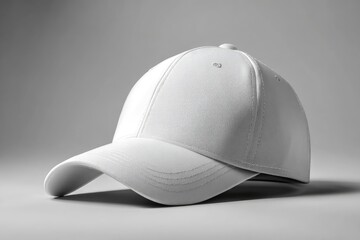 Blank white baseball cap angled on a light gray surface