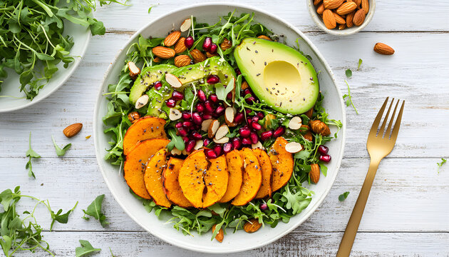 Fresh vegetable salad with lambs lettuce, baked butternut squash or pumpkin, avocado, pomegranate, cashew and almond nuts. Healthy