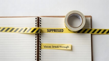 Yellow tape blocking a word symbolizing suppressed voices