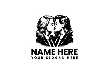 Elegant black and white vintage-style illustration depicting two women in professional attire sharing a kiss, perfect for a sophisticated logo symbolizing love, partnership, and LGBTQ+ equality