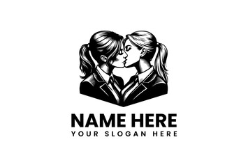 Elegant silhouette logo design of two women in love kissing. Vector emblem of a beautiful lesbian couple with pigtails, isolated on a white background. 100