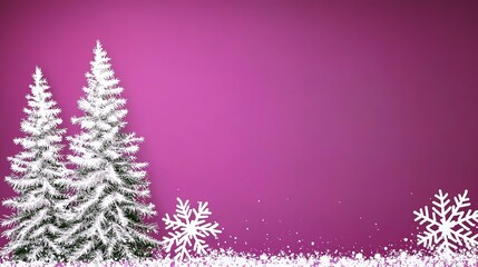 Magenta background with white snowflakes and Christmas trees on left, ample copy space for text, perfect for holiday designs.