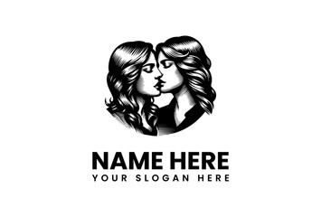 Logo design featuring two women kissing, representing love and romance, with customizable text placeholders