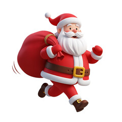 Santa claus running with a bag full of presents isolated on transparent background