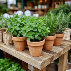 Potted herbs on a wooden table in a garden setting.