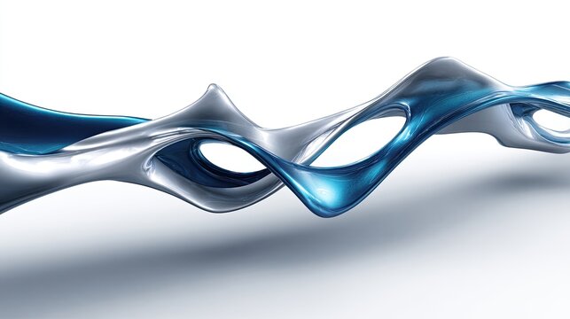 Abstract 3D design of flowing, sculpted forms in shades of silver and blue against a white background.  The forms are fluid and dynamic, with smooth, organic curves and contours