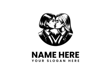 Classic black and white logo illustration of two women sharing a romantic kiss, framed in a circular emblem design for a brand identity