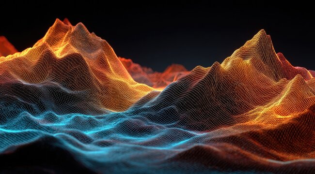 Abstract, glowing, wireframe mountains in orange and teal.  A digital landscape, with a network of lines creating textured peaks and valleys.  The colors are vibrant against a dark background