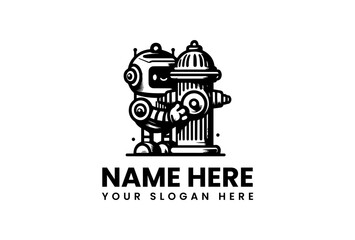 Playful Robot Character Hugging a Fire Hydrant Logo - Whimsical Design for Tech or Community Brands