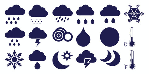 Collection of Weather Icons: Rain, Snow, Lightning, Sun, Moon, and Thermometers