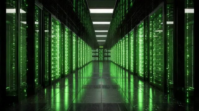 A long, dark server room with rows of glowing green computer servers and blinking lights