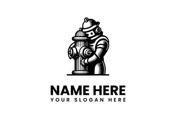 Monochrome vector logo of a friendly robot firefighter character hugging a fire hydrant. A creative mascot emblem for plumbing, safety, or technology services
