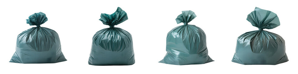 Four green garbage bags isolated on transparent background