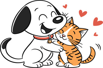 Cartoon illustration of cute cat and dog animals playing together
