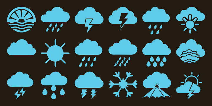 Collection of blue weather icons on a dark background, including sun, clouds, rain, lightning, and snow