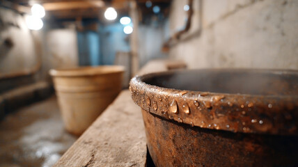 Fototapeta premium Rusty metal bucket in a dimly lit industrial basement.