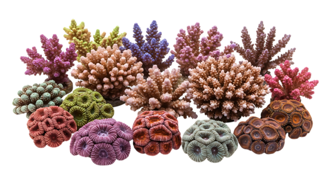 Assortment of colorful stony and soft corals with intricate textures and patterns, cutout, PNG isolated on white or transparent background