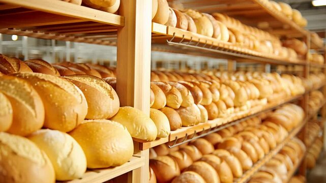 4k video of aisle product showcase for bread in a bakery. Concept of commercial b-roll for retail product sale.