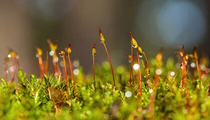 Macro Photography of Dew-Covered Moss Sporophytes in Lush Green Forest