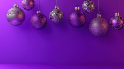 Purple background with purple Christmas ornaments, gradient, and silver scheme, monochromatic theme for holiday designs.