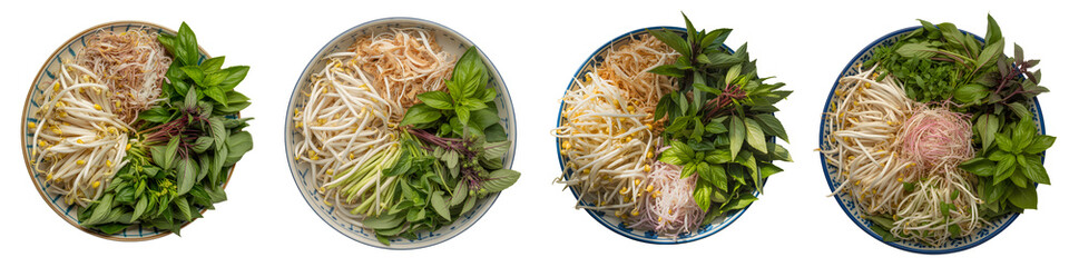 Four bowls of vietnamese noodles isolated on transparent background