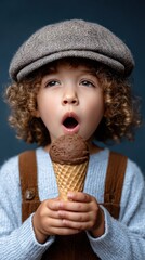 Happy Child Enjoying Ice Cream Cone Wearing a Fun Hat