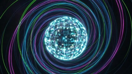 'Glowing digital data sphere surrounded by swirling neon light trails representing interconnected global communication technology' - Powered by Adobe