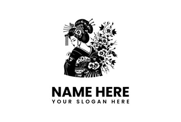 Elegant Geisha Illustration for Branding with Customizable Text and Floral Accents