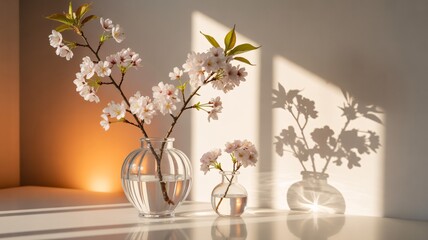 Beautiful cherry blossom arrangement in vases with light and shadow art