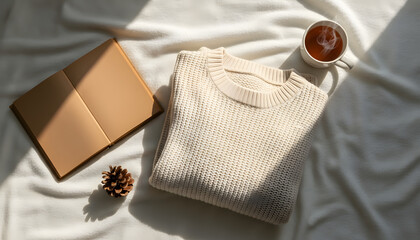 Cozy Winter Flat Lay with Sweater, Tea, and Book
