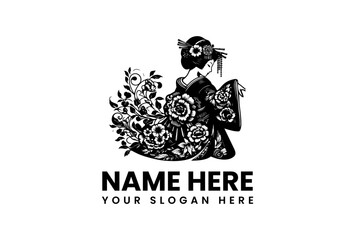 A beautiful hand-drawn illustration of a traditional Japanese geisha wearing a floral kimono, viewed from the back. This elegant vector design is suitable for a logo or cultural emblem