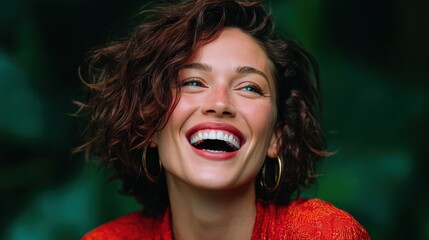 Joyful Portrait of a Smiling Woman with Stunning Makeup and Beauty