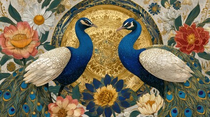 Obraz premium Elegant Peacocks Surrounded by Colorful Flowers and Golden Ornamentation in Beautiful Floral Design