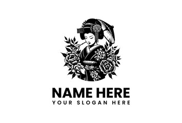 Elegant Geisha with Umbrella, Flowers, and Customizable Text - Premium Illustration for Branding