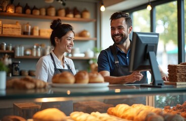 Young multiracial couple owners work in cozy bakery cafe smiling behind counter. Asian woman and Caucasian man manage small family business serving customers with fresh bread, cakes, and coffee.