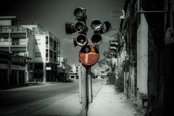 Varosha, the ghost town or abandoned city in black and white with one accent color 