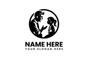 Silhouette emblem of a father and daughter in conversation, symbolizing parental guidance, mentorship, and family communication within a circular frame