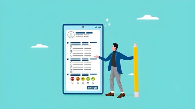 Online survey questionnaire, comments or criticism and suggestions, answer questions online, customer feedback list for evaluation, man with pencil finish online survey questionnaire on smartphone