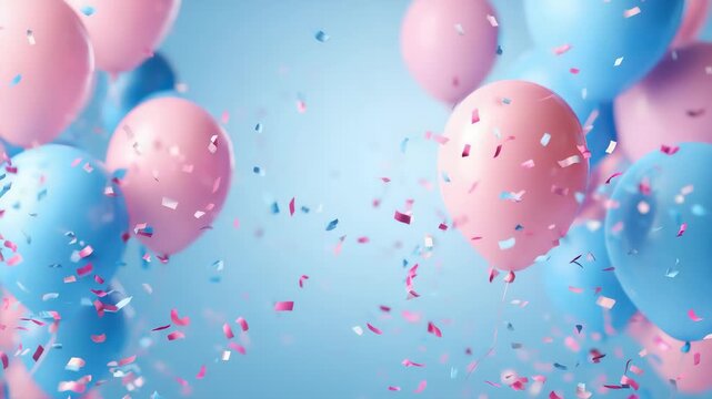 Celebrate, balloons and confetti background with copy space for festive gender reveal party, decor, balloon, birthday, fun, holiday, surprise, festive, happy