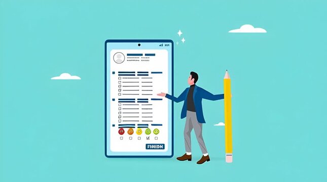 Online survey questionnaire, comments or criticism and suggestions, answer questions online, customer feedback list for evaluation, man with pencil finish online survey questionnaire on smartphone