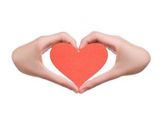 Obraz premium Hands forming heart shape around red paper heart, symbolizing love, care, and compassion, isolated on transparency background, expressing warmth and affection