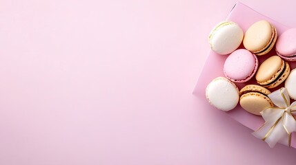 Elegant heart-shaped gift box overflowing with pastel macarons on a soft pink background, capturing moments of sweetness in a minimalist style