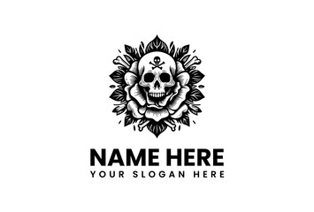 Gothic emblem of a human skull with a crossbones mark on its forehead, intricately framed by a blooming rose. Vintage black and white tattoo style vector logo