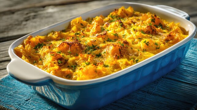 Suriname dish Pom Casserole with pomtajer root orange-yellow baked dish